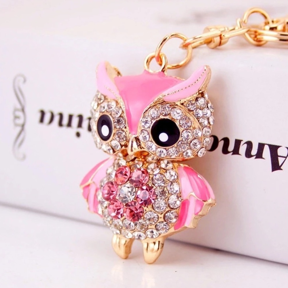 Hot Pink Crystal Owl on a Gold Keychain - Picture 1 of 12